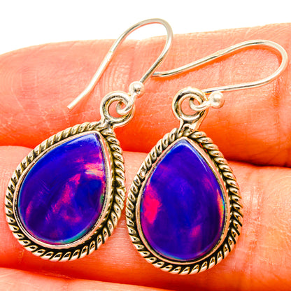 Teardrop opal earrings with blue-purple stones and rope-edged 925 silver hooks