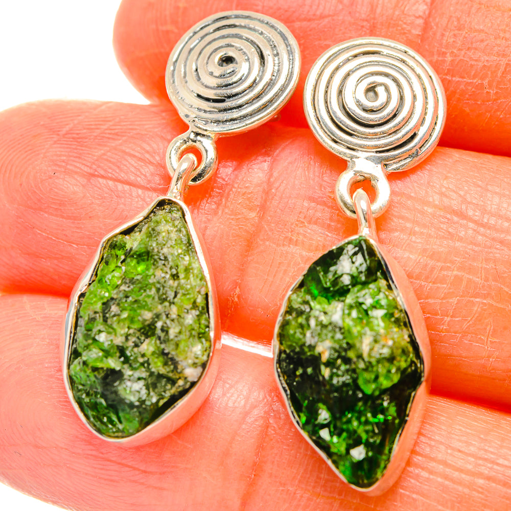 Sterling silver diopside drop earrings with green teardrop rough stones, spiral top discs