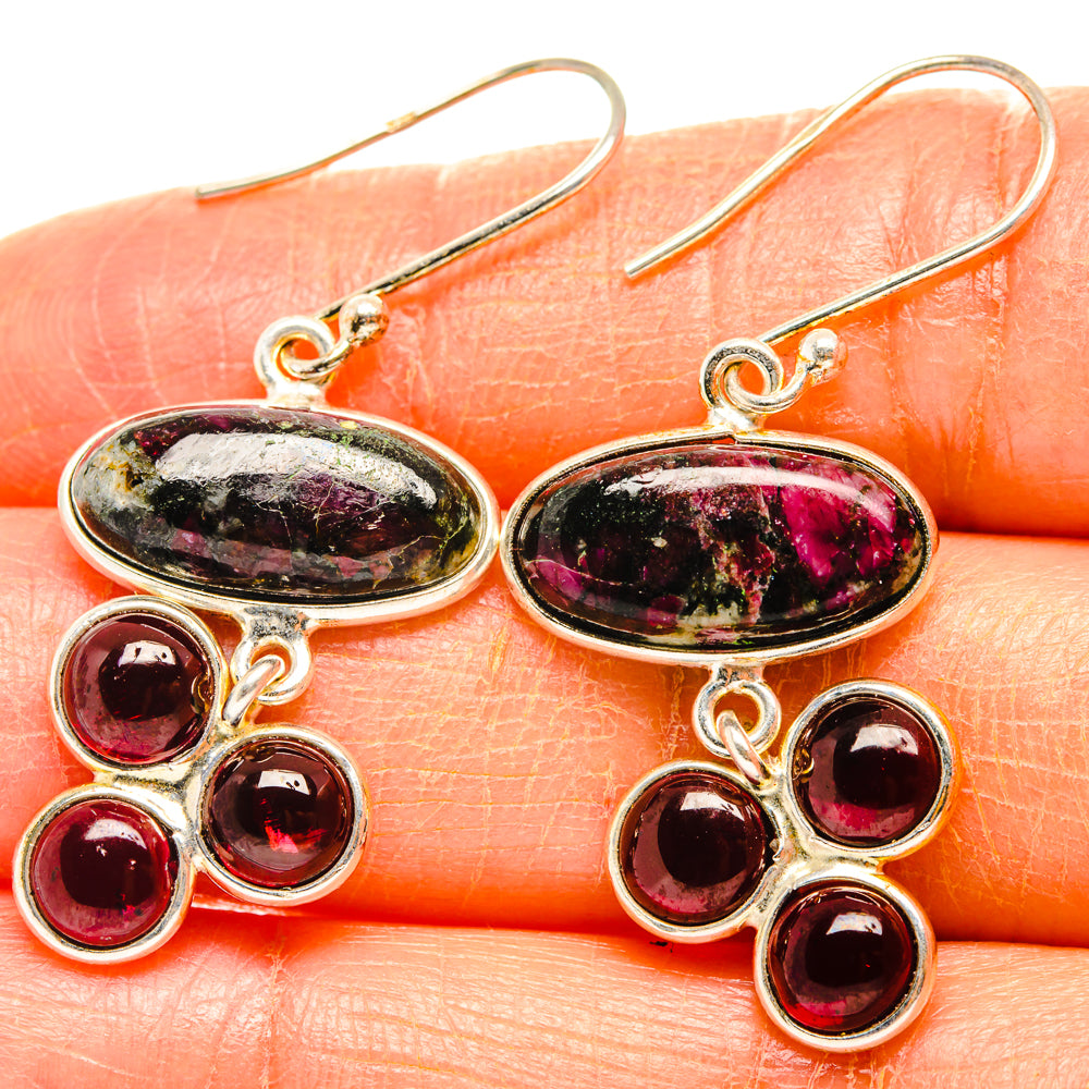 Garnet and eudialyte drop earrings, oval black-pink stone with three round dark red gems