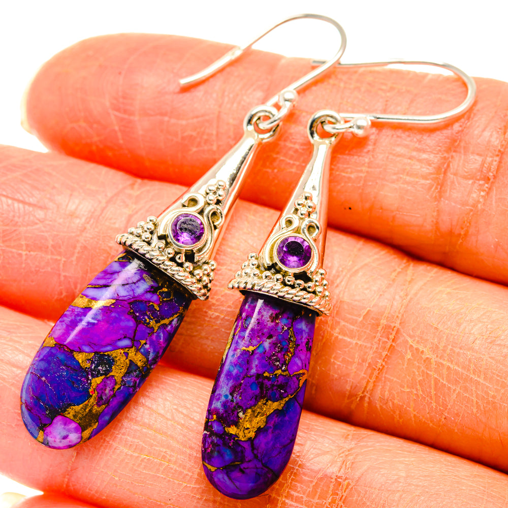 Close teardrop earrings: purple mosaic stone drops with round purple cabochon top