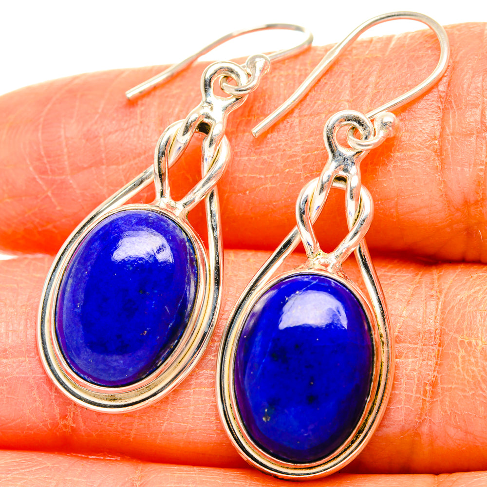 Blue oval lapis lazuli drop earrings, polished 925 sterling silver, hinged hook detail