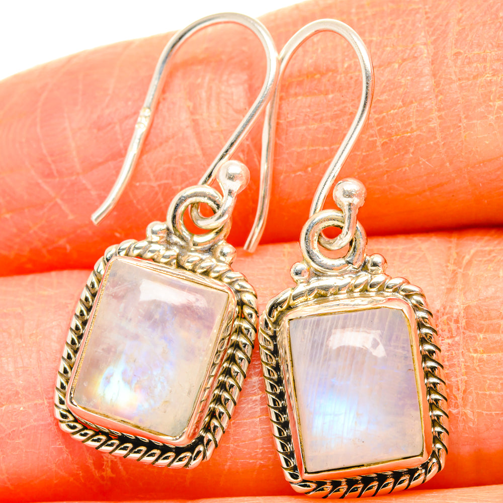 Square rainbow moonstone drop earrings in 925 sterling silver with detailed rope frame