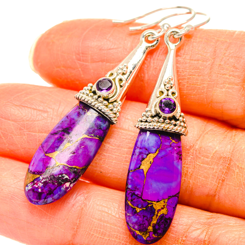 Purple teardrop gemstone drop earrings with gold veining, 925 sterling silver and amethyst bezels
