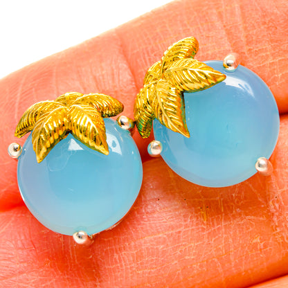 Light blue chalcedony stud earrings with gold leaf design and silver post backs