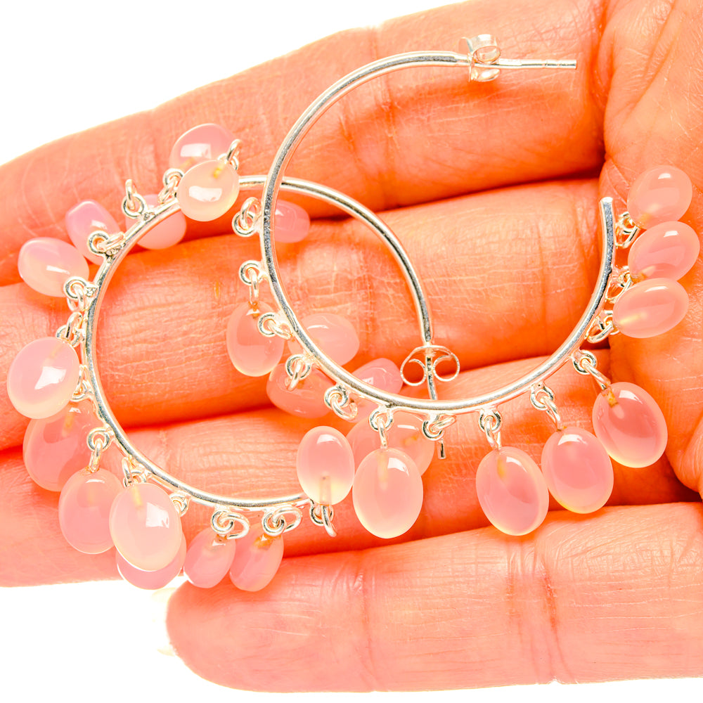 Sterling silver hoop earrings with rose quartz pink bead fringe