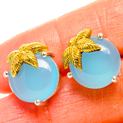 Blue chalcedony stud earrings with gold leaf caps and silver back posts