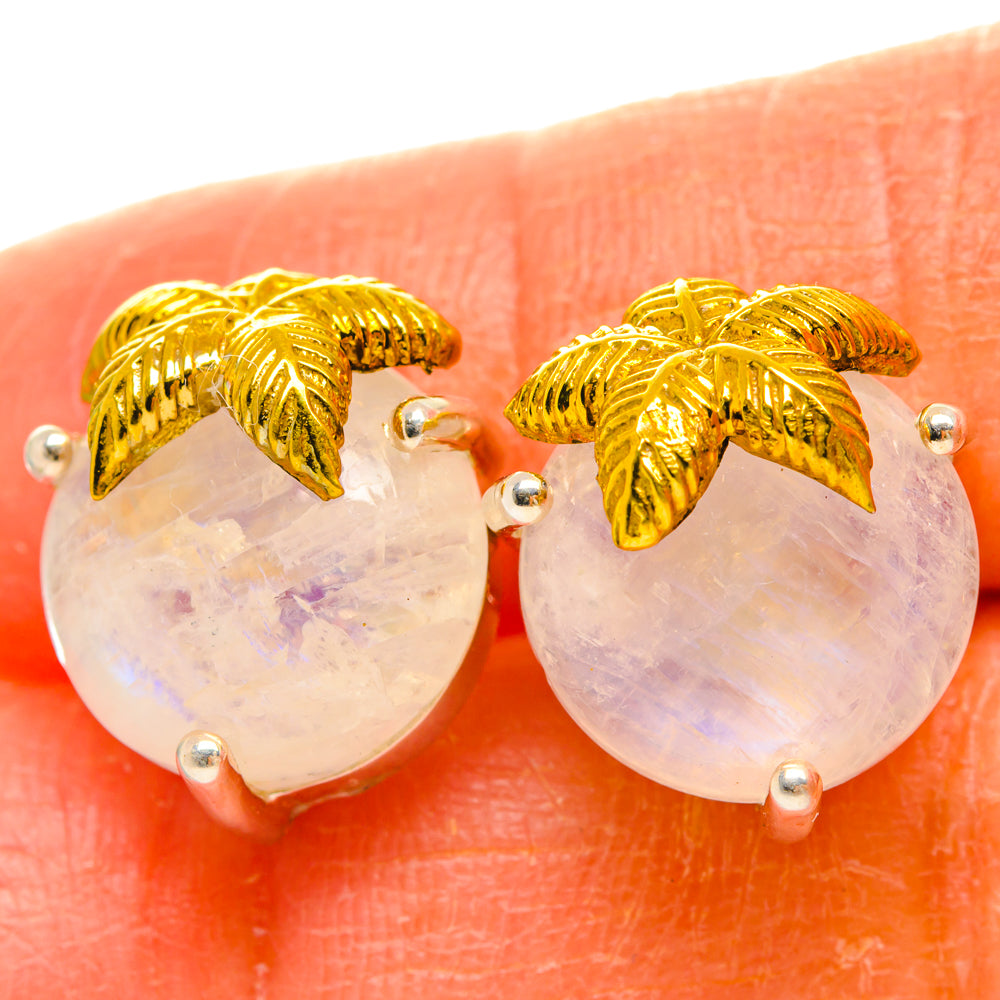 Moonstone teardrop earrings with gold leaf settings, 925 sterling silver studs