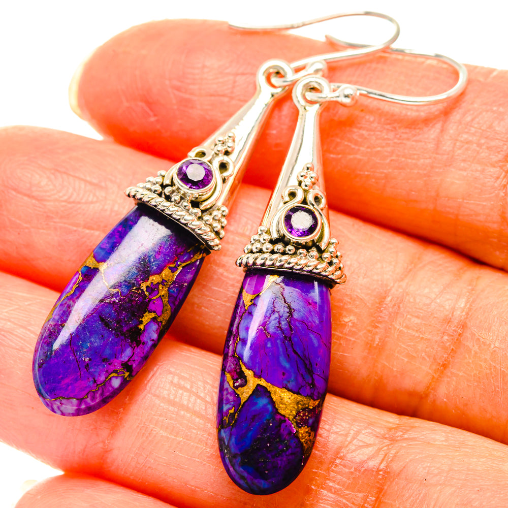 Purple and gold teardrop turquoise-style earrings with 925 sterling silver hooks