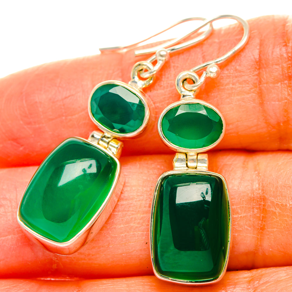 Green onyx drop earrings, gold-tone 925 sterling silver with round and rectangular green gems