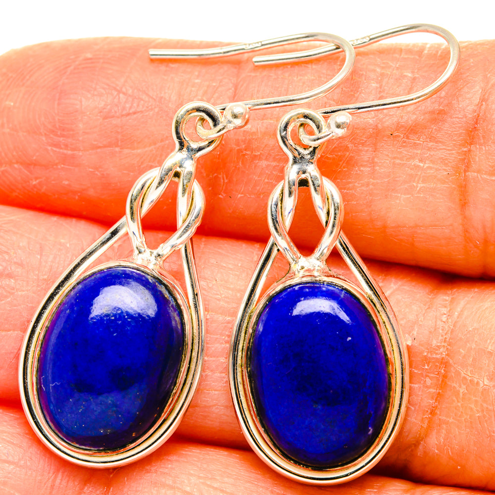 Oval blue lapis lazuli drop earrings with 925 sterling silver frames, lever hooks