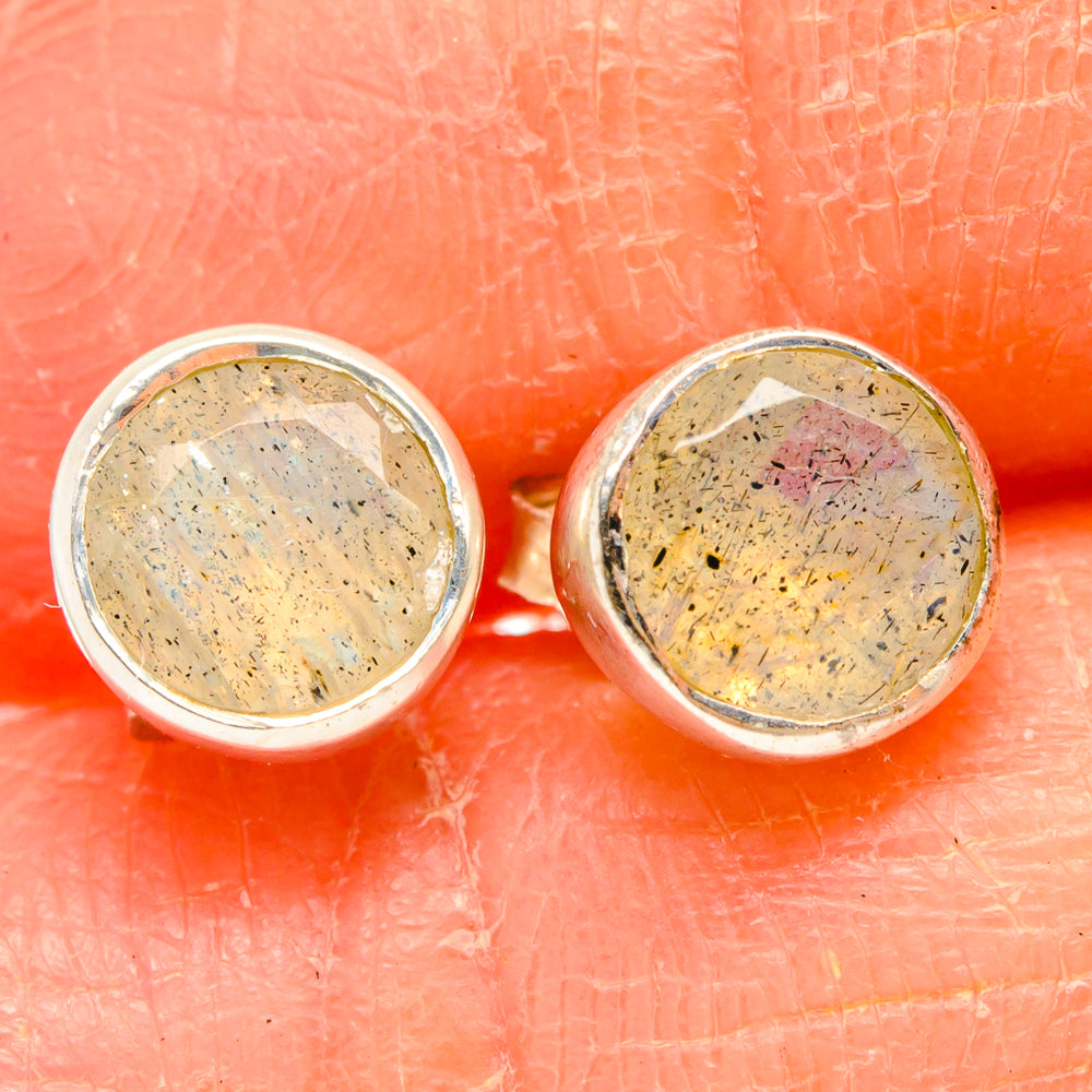 Sterling silver round labradorite stud earrings with bezel-set stone