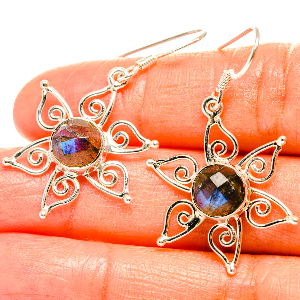 Sterling silver filigree drop earrings with oval labradorite stones in dark blue and purple