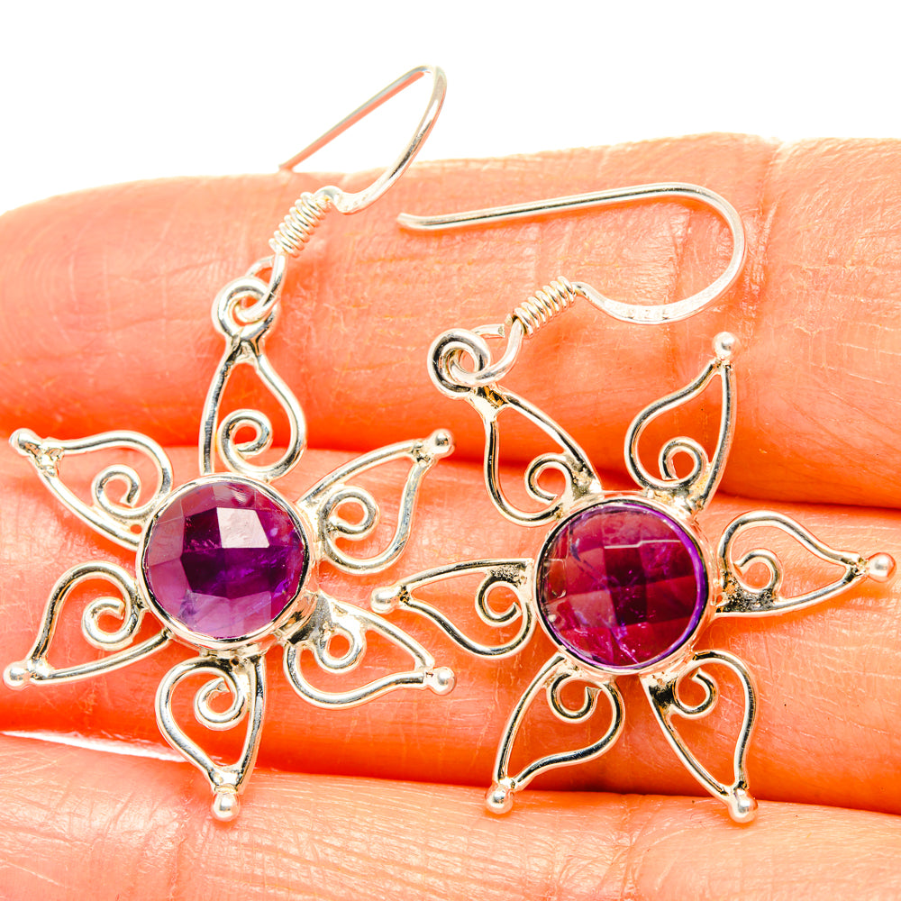 Amethyst 925 sterling silver drop earrings with round purple stones and detailed scrollwork