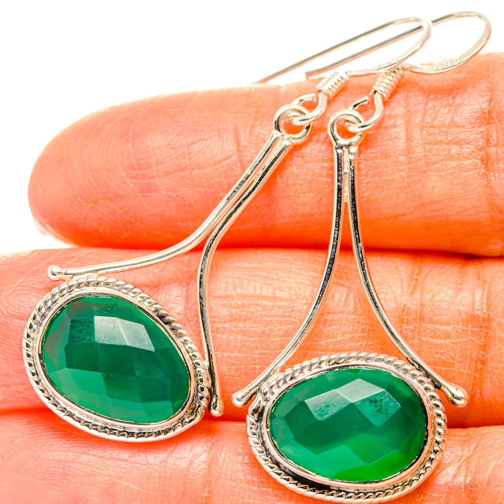 Green onyx oval dangle earrings, sterling silver hooks with textured bezel and rope border