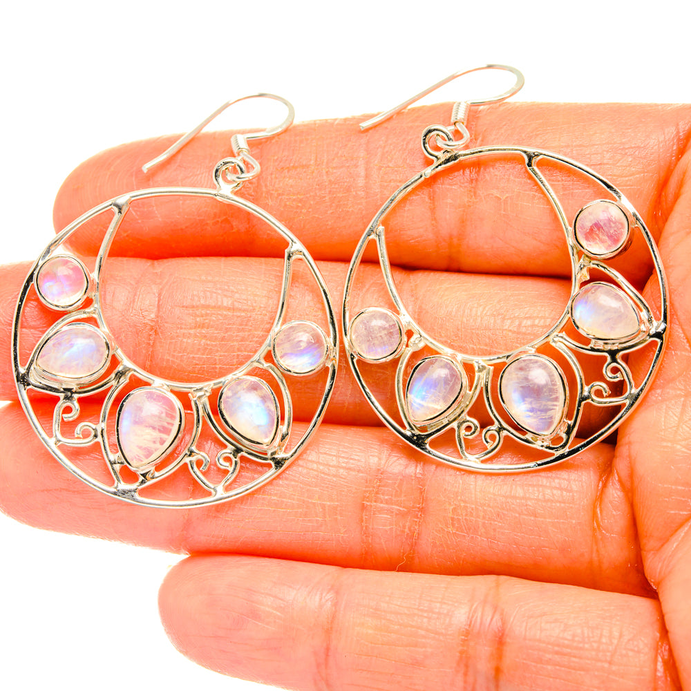 925 sterling silver hoop earrings with rainbow moonstone cabochons and filigree setting