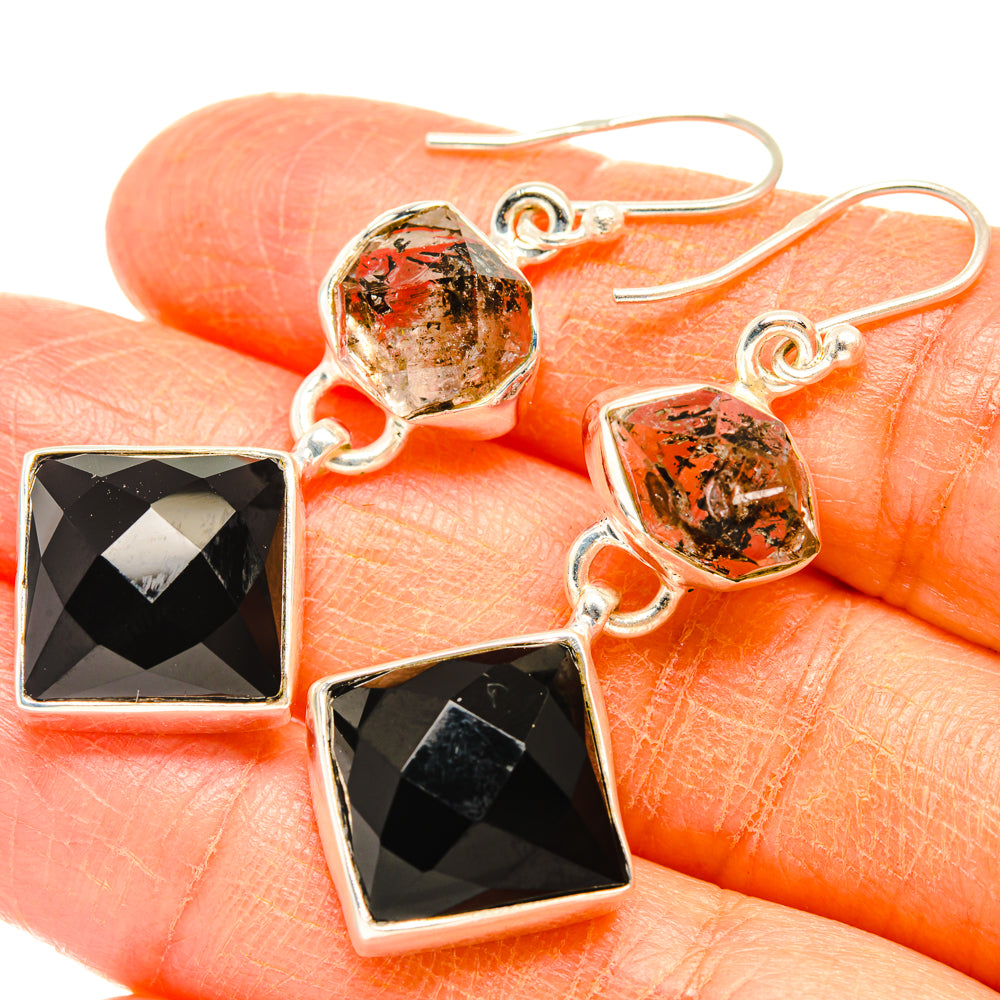 925 sterling silver dangle earrings with square black stones and speckled crystal drops