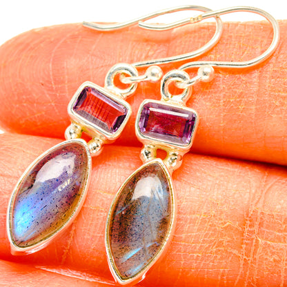 Amethyst and labradorite drop earrings, red-pink square amethyst, dark iridescent marquise stones