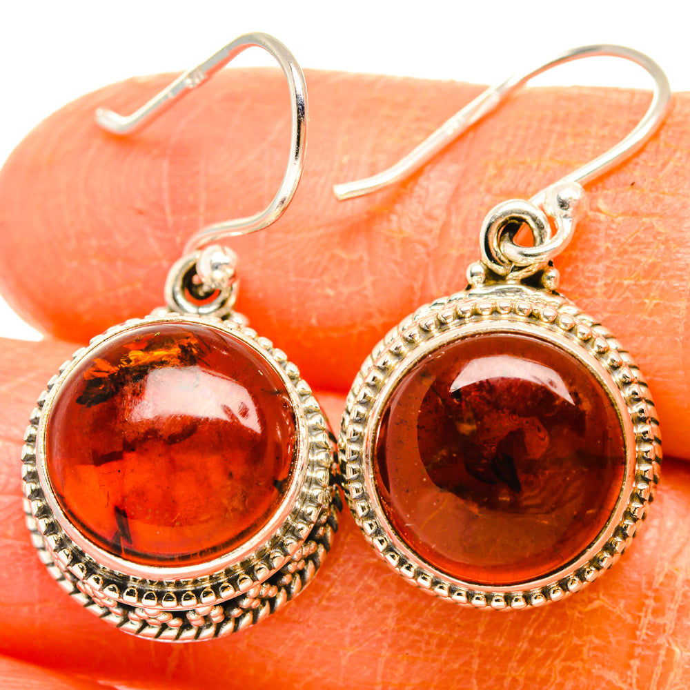 Baltic amber earrings, 925 silver round cabochons with beaded border, orange tones