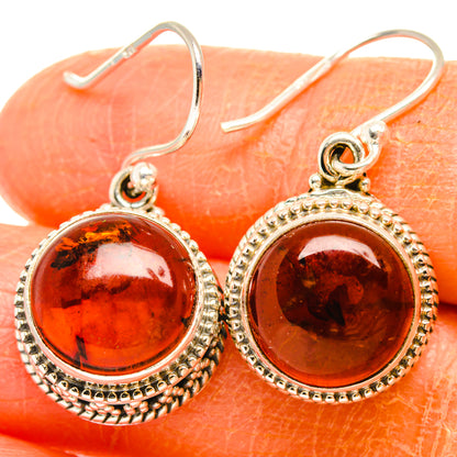 Baltic amber earrings, 925 silver round cabochons with beaded border, orange tones