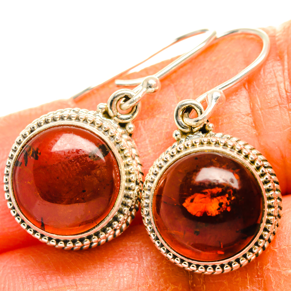 925 sterling silver amber drop earrings, round red-brown stones in beaded settings