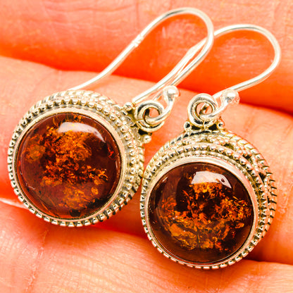 Round Baltic amber drop earrings, 925 sterling silver with ornate bezel and hook backs