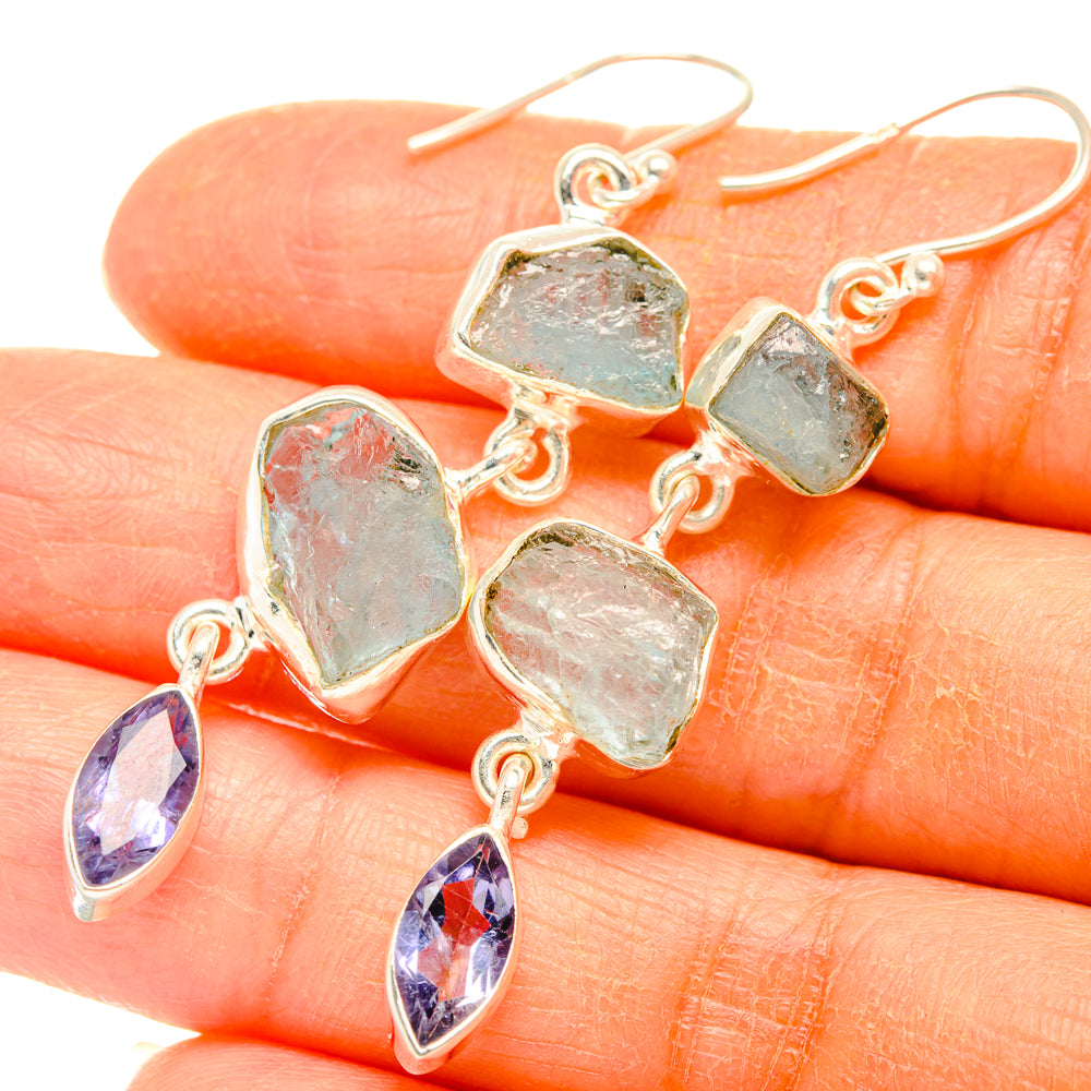 925 sterling silver rough aquamarine and tanzanite drop earrings with purple teardrops