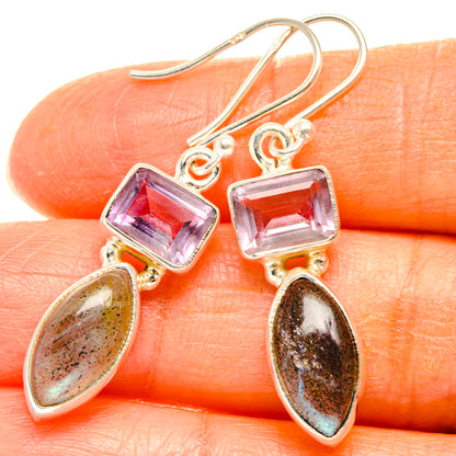 Sterling silver amethyst and labradorite drop earrings, purple square top and oval dangle