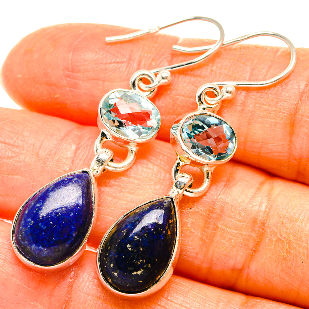 Silver drop earrings with round light-blue stone and lapis blue teardrop drops