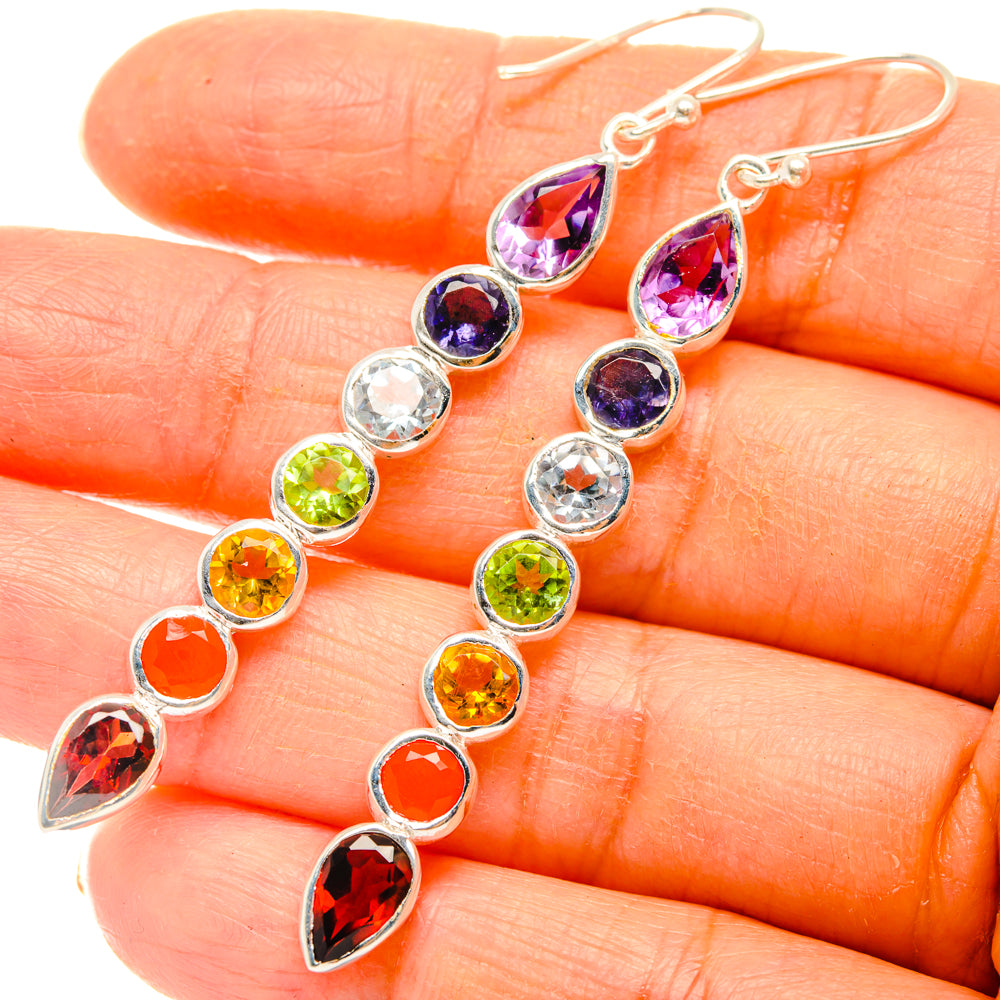 925 sterling silver rainbow drop earrings with purple, blue, green, orange, red faceted stones