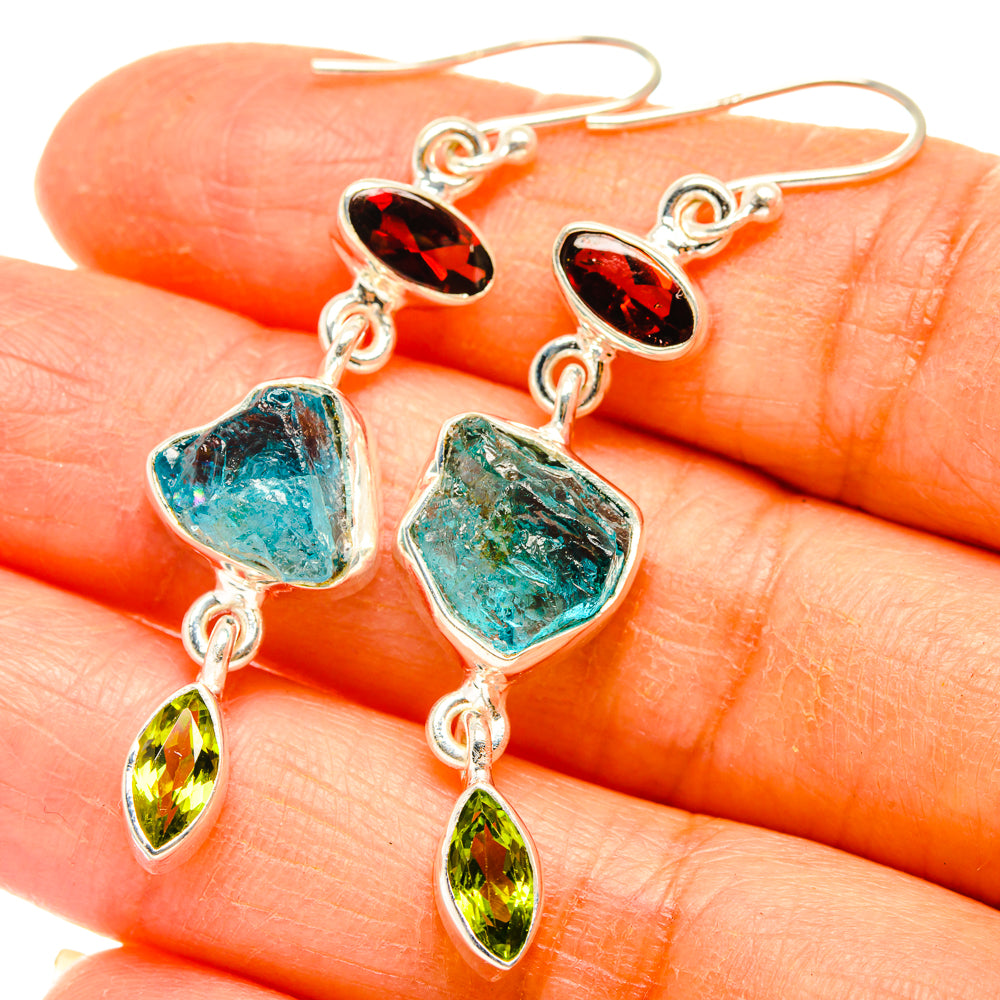 925 sterling silver dangle earrings with blue-green rough stones, red teardrop, and green accents