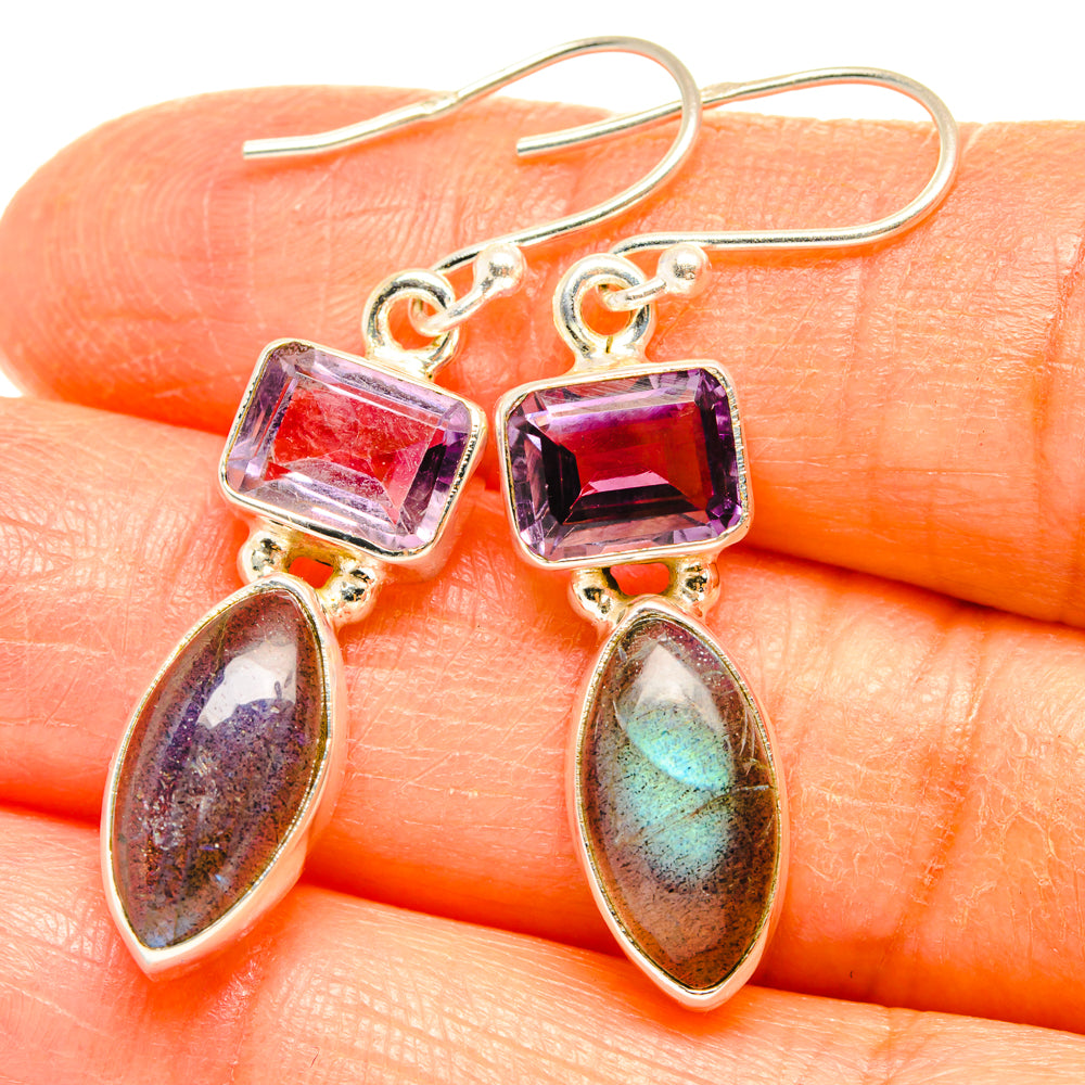 Sterling silver earrings with purple amethyst square stones and iridescent labradorite teardrops