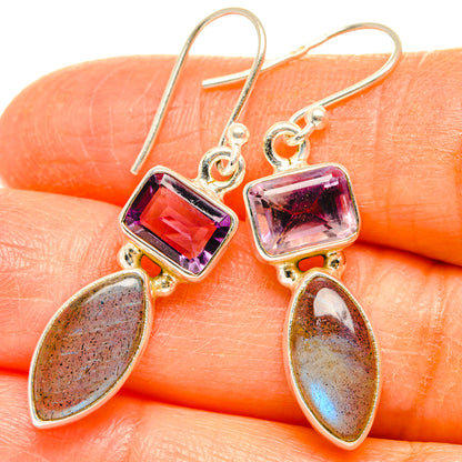 Amethyst & labradorite drop earrings, square purple stones and oval labradorite, .925 silver