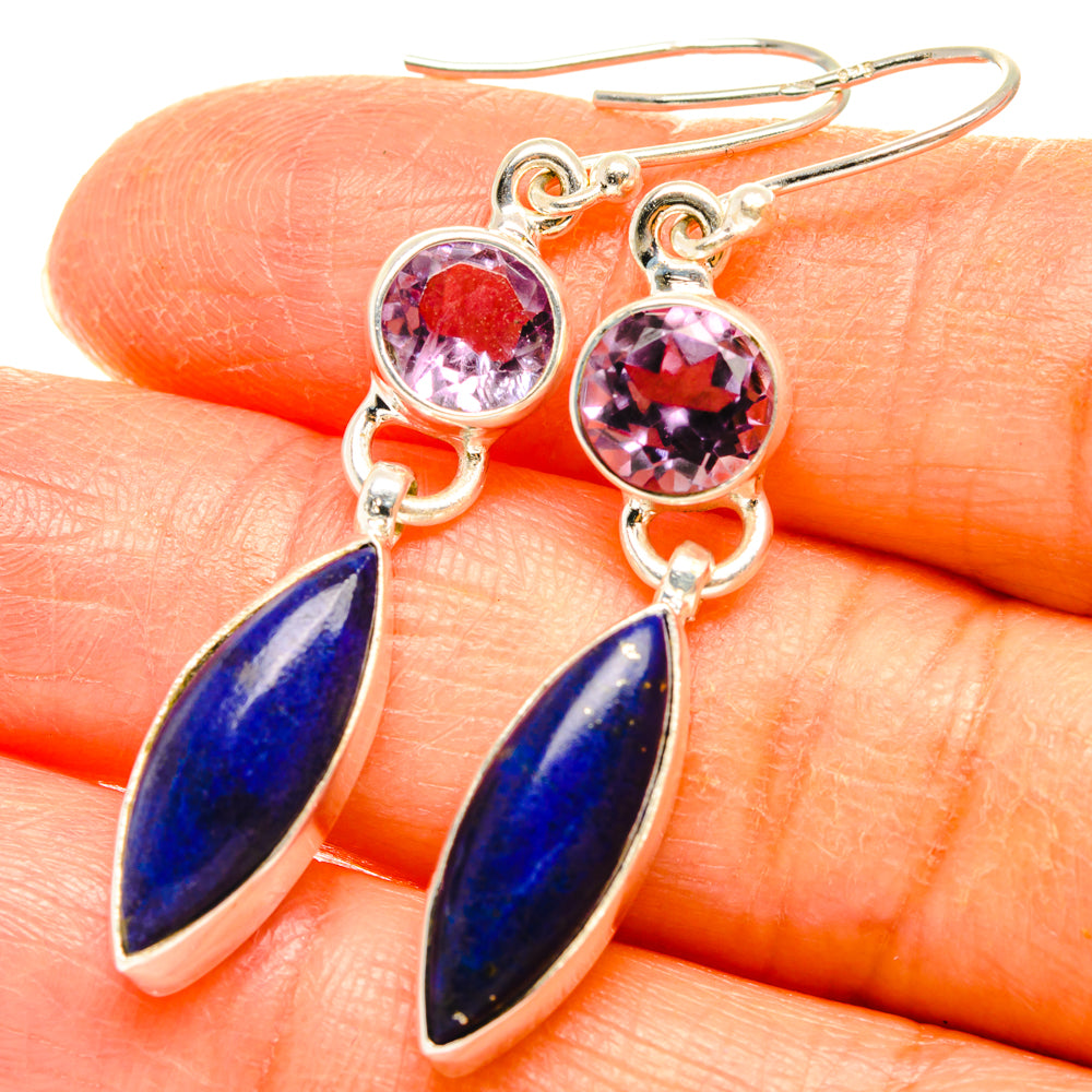 Silver-tone earrings with pink round amethyst stones and blue lapis teardrop dangles