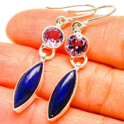 Silver-tone earrings with pink round amethyst stones and blue lapis teardrop dangles