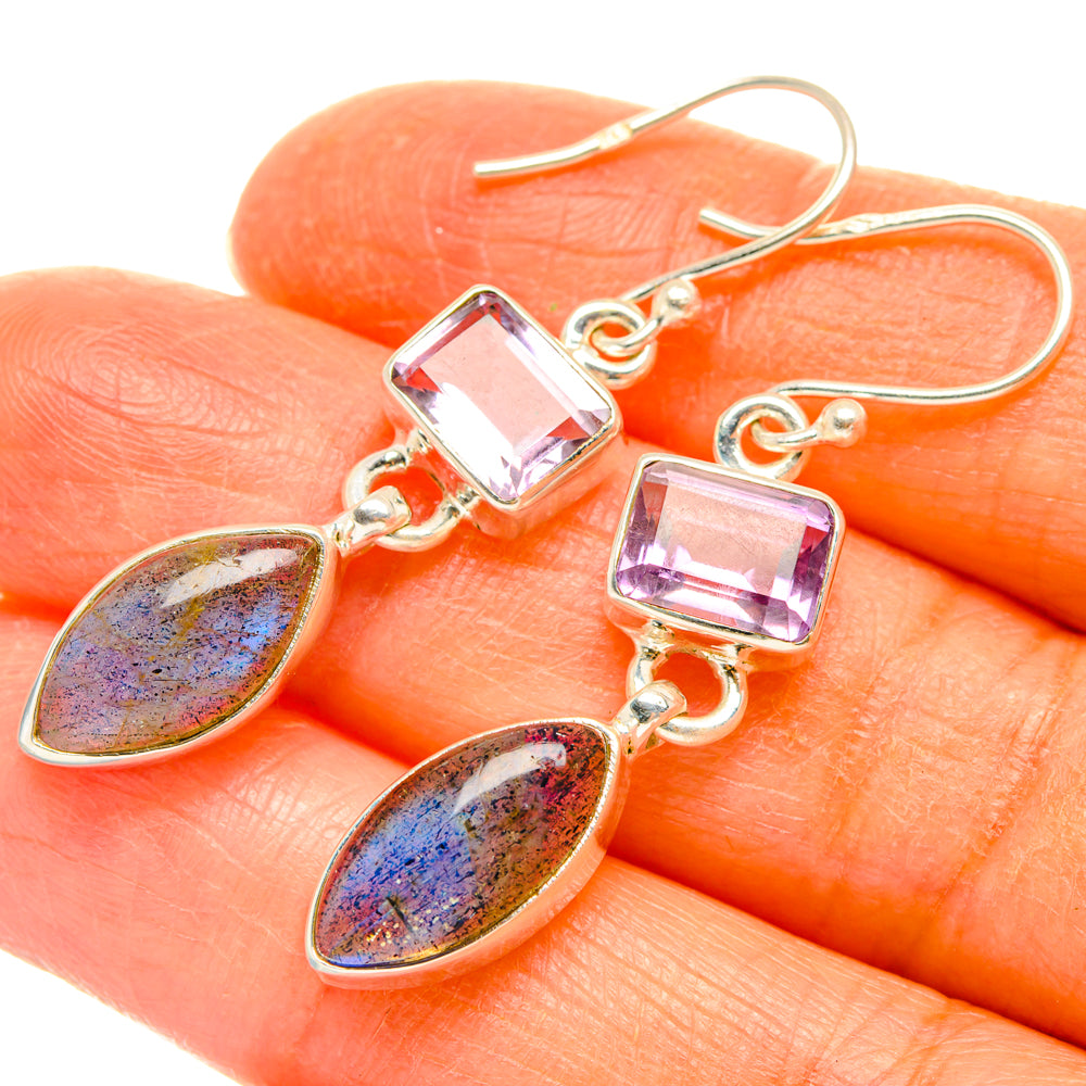 Sterling silver earrings with pink square amethyst and iridescent labradorite marquise drops
