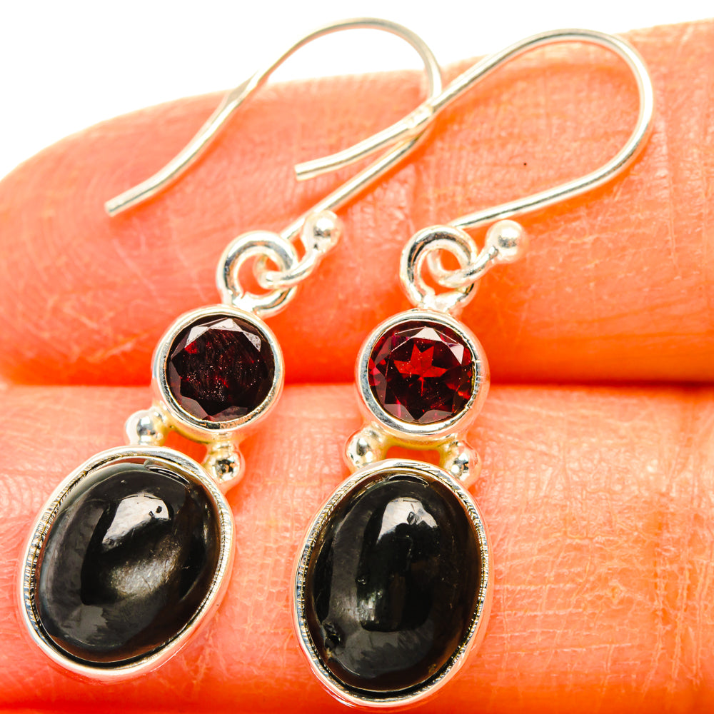Garnet and black oval drop earrings with sterling silver hooks, 925