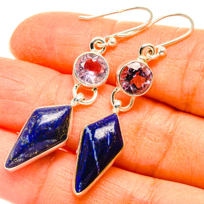 Sterling silver drop earrings with pink round gemstone and blue lapis triangle charms