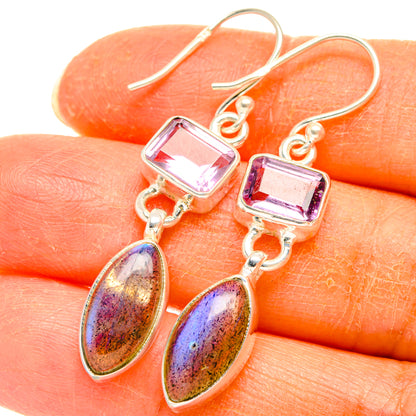 Sterling silver amethyst square earrings with purple stones and blue-gold labradorite ovals