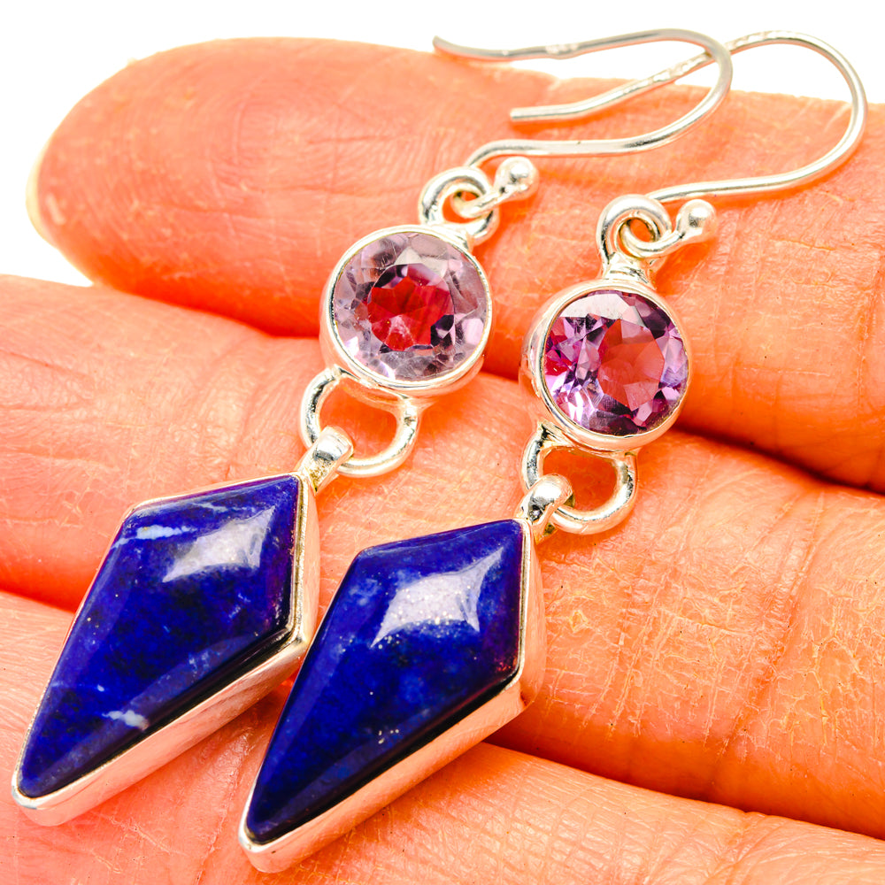 Amethyst and lapis lazuli drop earrings, round purple stones with blue triangular drops