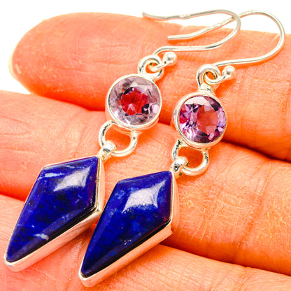 Amethyst and lapis lazuli drop earrings, round purple stones with blue triangular drops