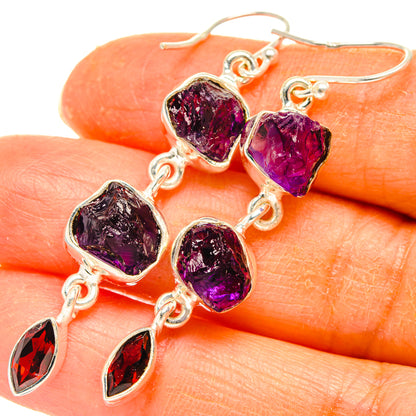 Rough amethyst and garnet drop earrings with sterling silver hooks, purple and red stones
