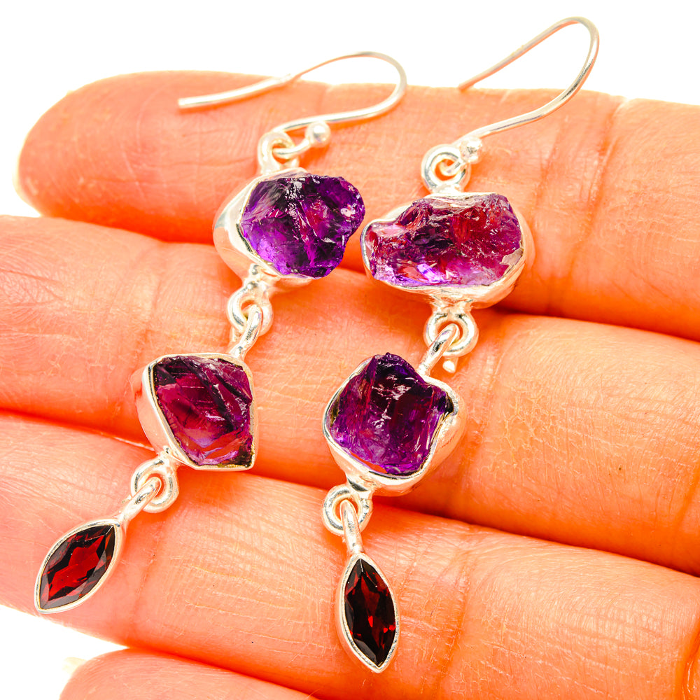 925 sterling silver drop earrings with rough purple amethyst and red garnet stones