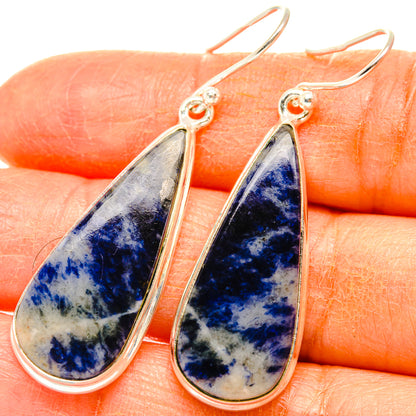 Sodalite teardrop earrings, 925 sterling silver wire hooks, blue veined stone detail