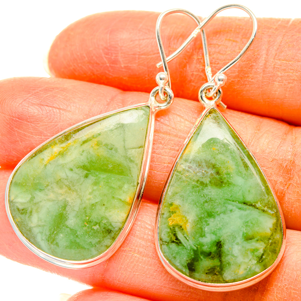 Sterling silver lemon jasper teardrop earrings, green stone with teardrop hooks (1 3/4")