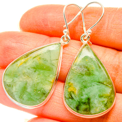 Sterling silver lemon jasper teardrop earrings, green stone with teardrop hooks (1 3/4")