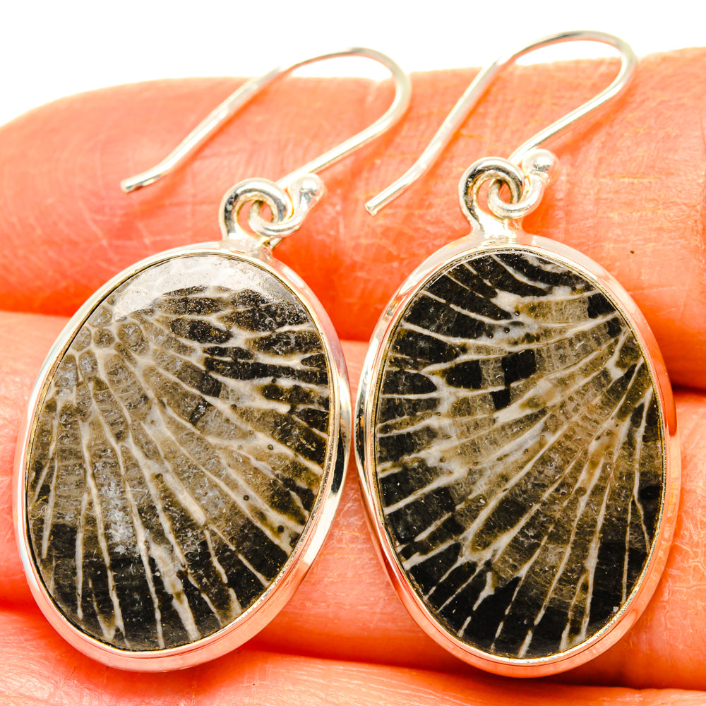 925 sterling silver oval coral-pattern earrings with black streaks and fishhook ear wires