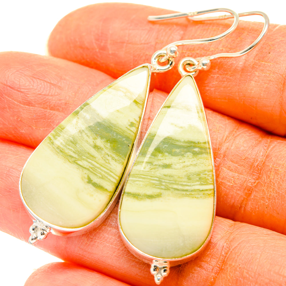 Lemon jasper 925 sterling silver teardrop earrings with green and yellow stone cabochons