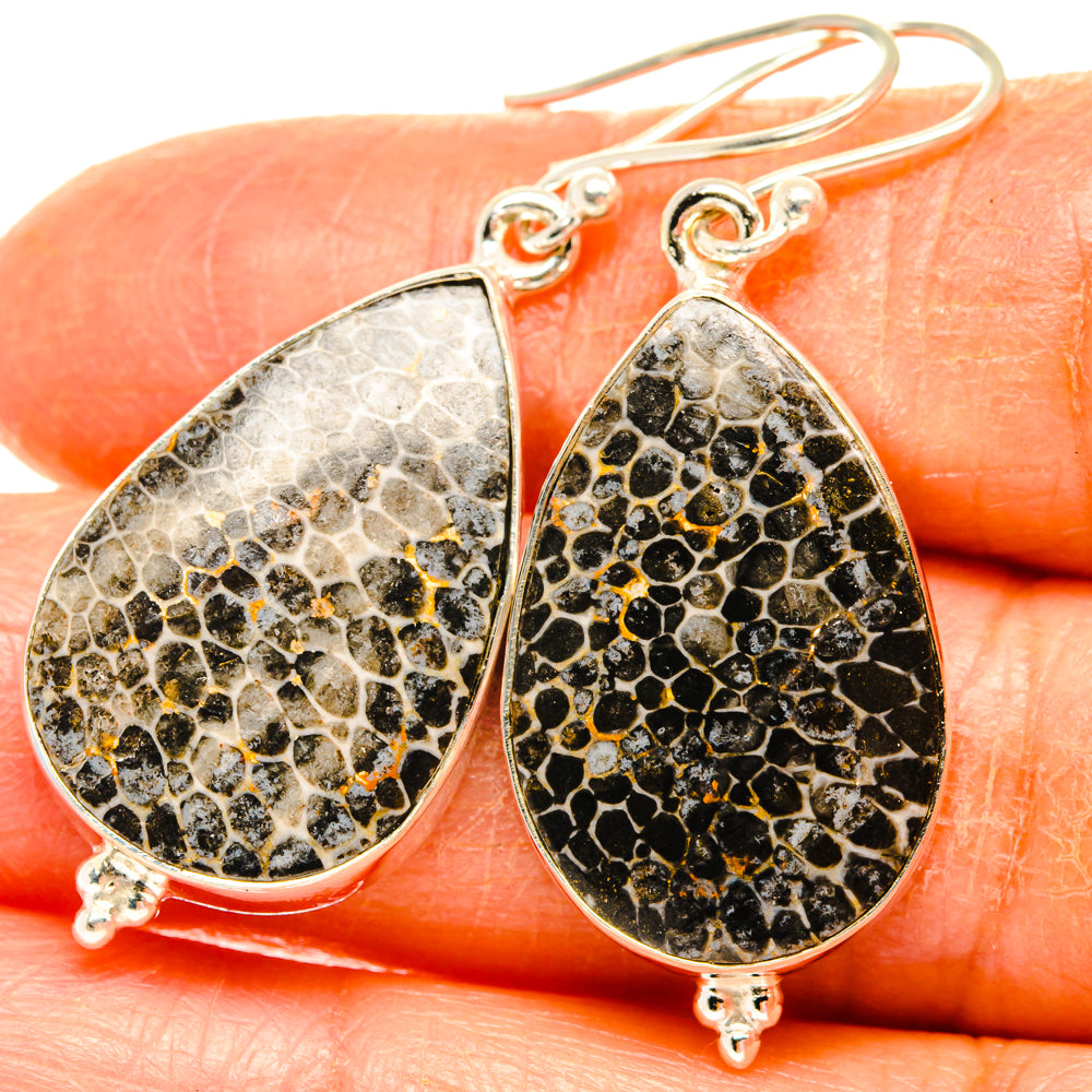 Stingray coral teardrop earrings in sterling silver with black and gray mottled finish