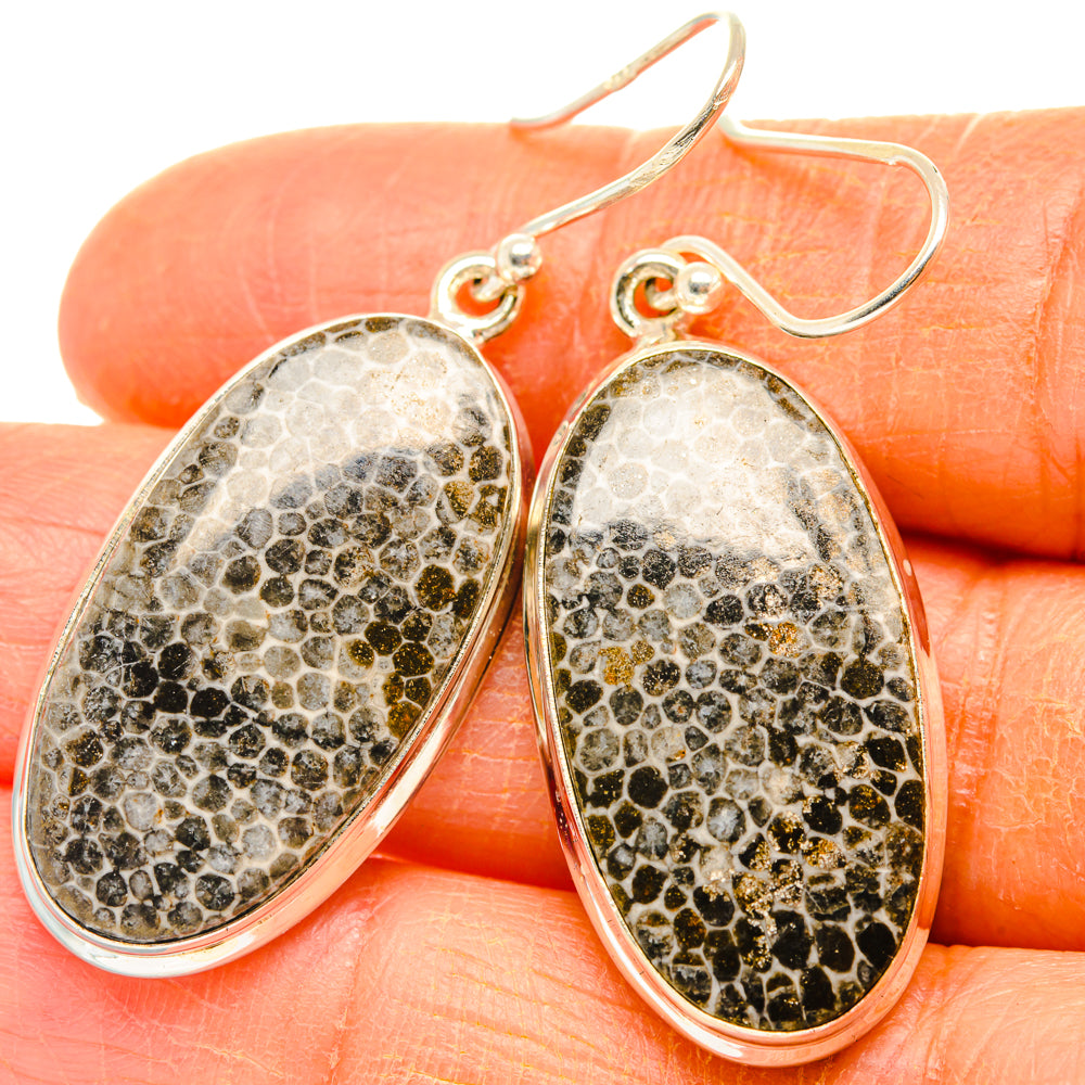 Sterling silver oval drop earrings with speckled inlay and polished oval bezels