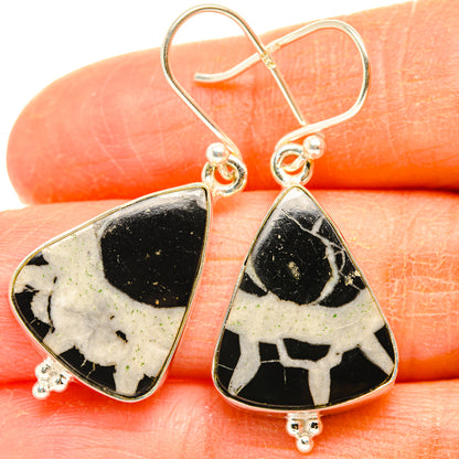 925 sterling silver dangle earrings with black-and-white septarian geode stone, teardrop shape